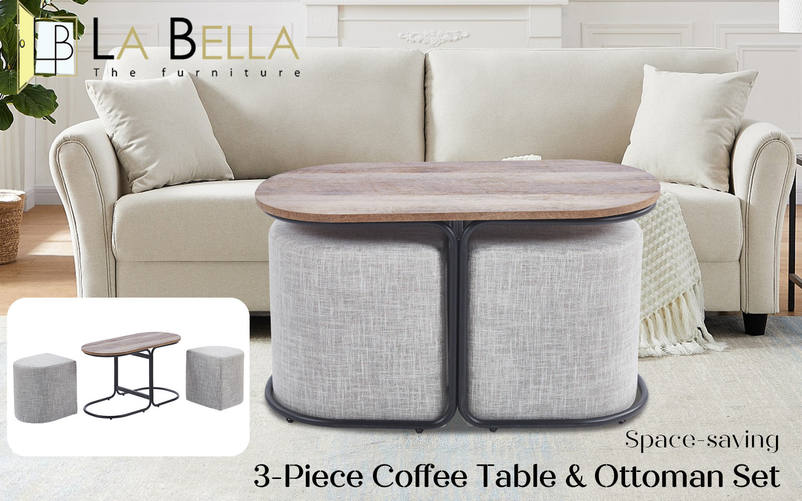3 Piece Set Coffee Table &amp; Ottoman Wood Side End Table Industrial - CREAM GREY-Furniture > Office > Office &amp; Desk Chairs-PEROZ Accessories