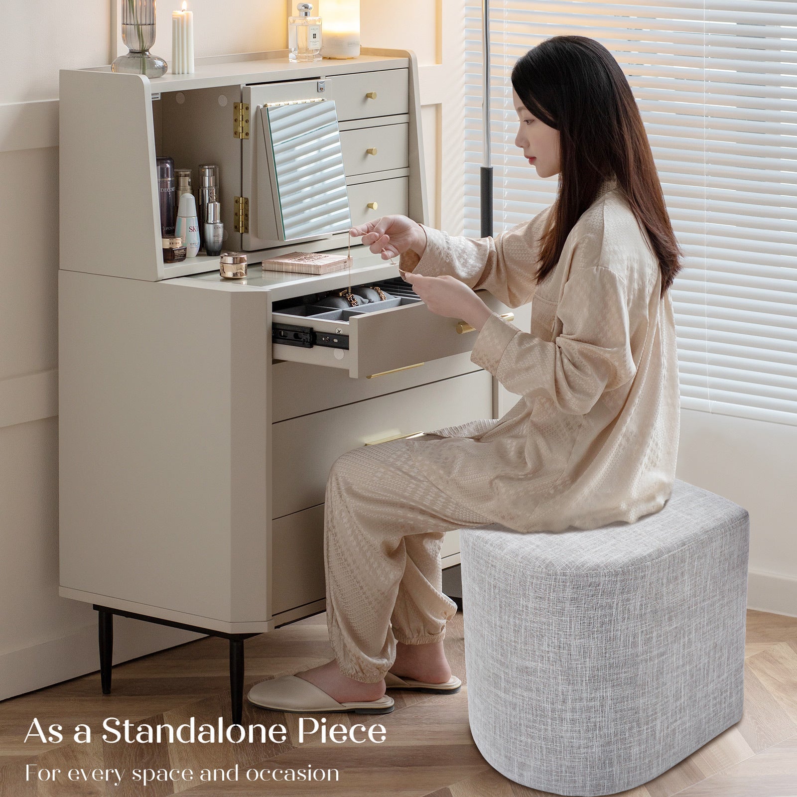 3 Piece Set Coffee Table &amp; Ottoman Wood Side End Table Industrial - CREAM GREY-Furniture > Office > Office &amp; Desk Chairs-PEROZ Accessories