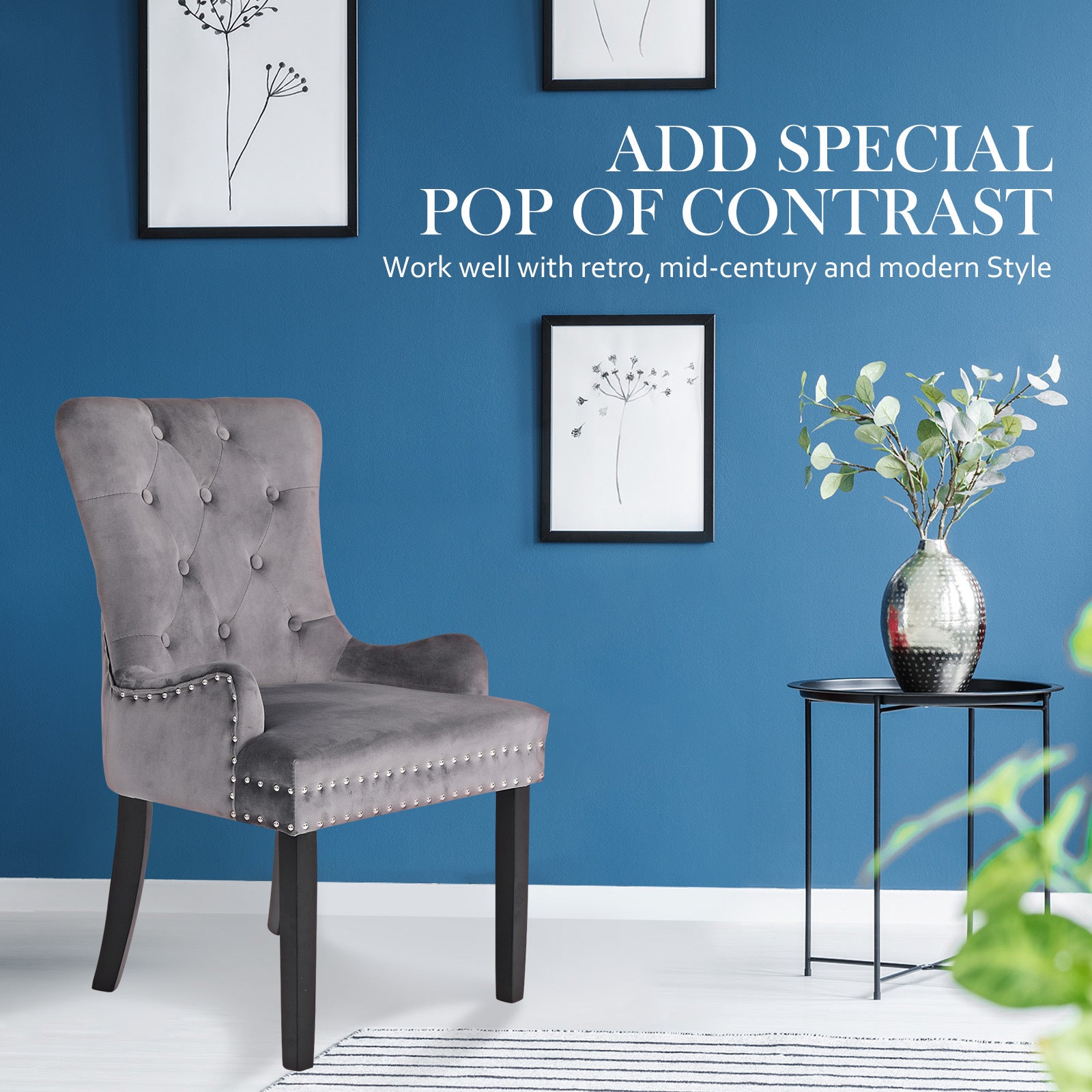 2X French Provincial Dining Chair Ring Studded Velvet Rubberwood Leg LISSE GREY-Furniture &gt; Bedroom &gt; Bedside Tables-PEROZ Accessories