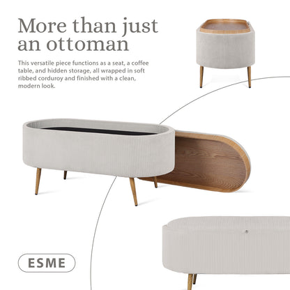 Coffee Table Storage Ottoman - Corduroy Padded Blanket Box Bench ESME CREAM-Furniture > Living Room > Ottomans &amp; Footstools-PEROZ Accessories