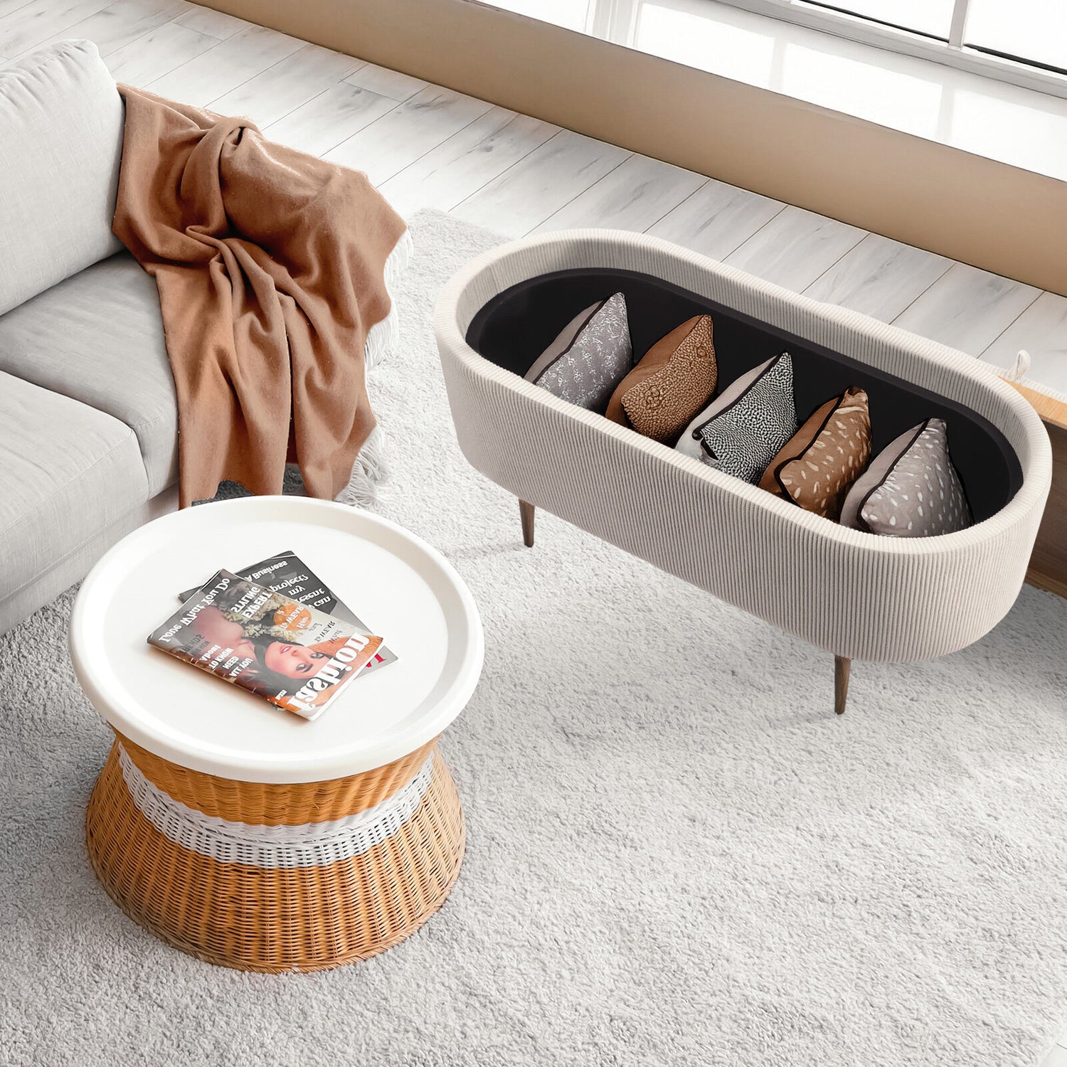 Coffee Table Storage Ottoman - Corduroy Padded Blanket Box Bench ESME CREAM-Furniture > Living Room > Ottomans &amp; Footstools-PEROZ Accessories