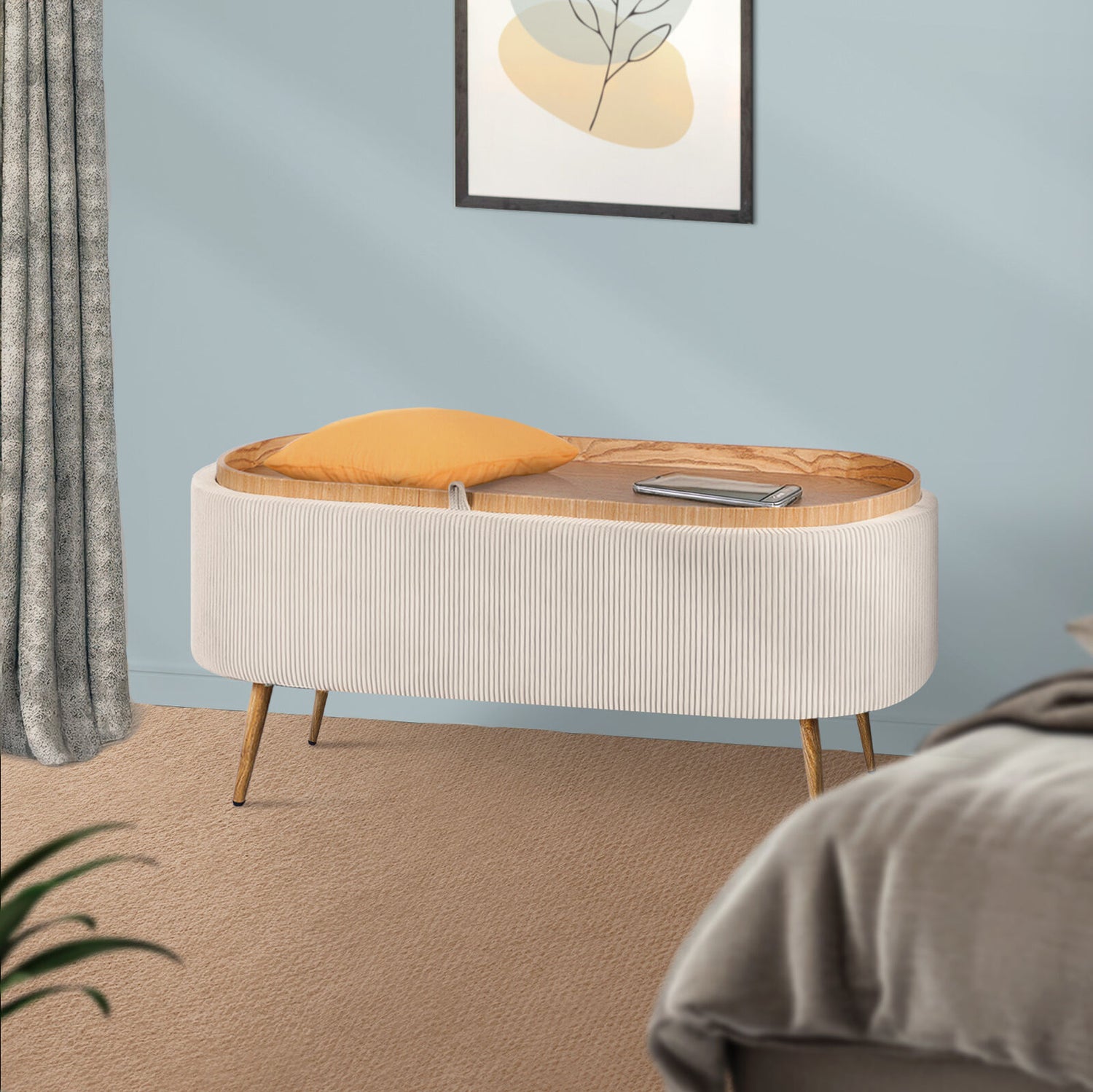 Coffee Table Storage Ottoman - Corduroy Padded Blanket Box Bench ESME CREAM-Furniture > Living Room > Ottomans &amp; Footstools-PEROZ Accessories