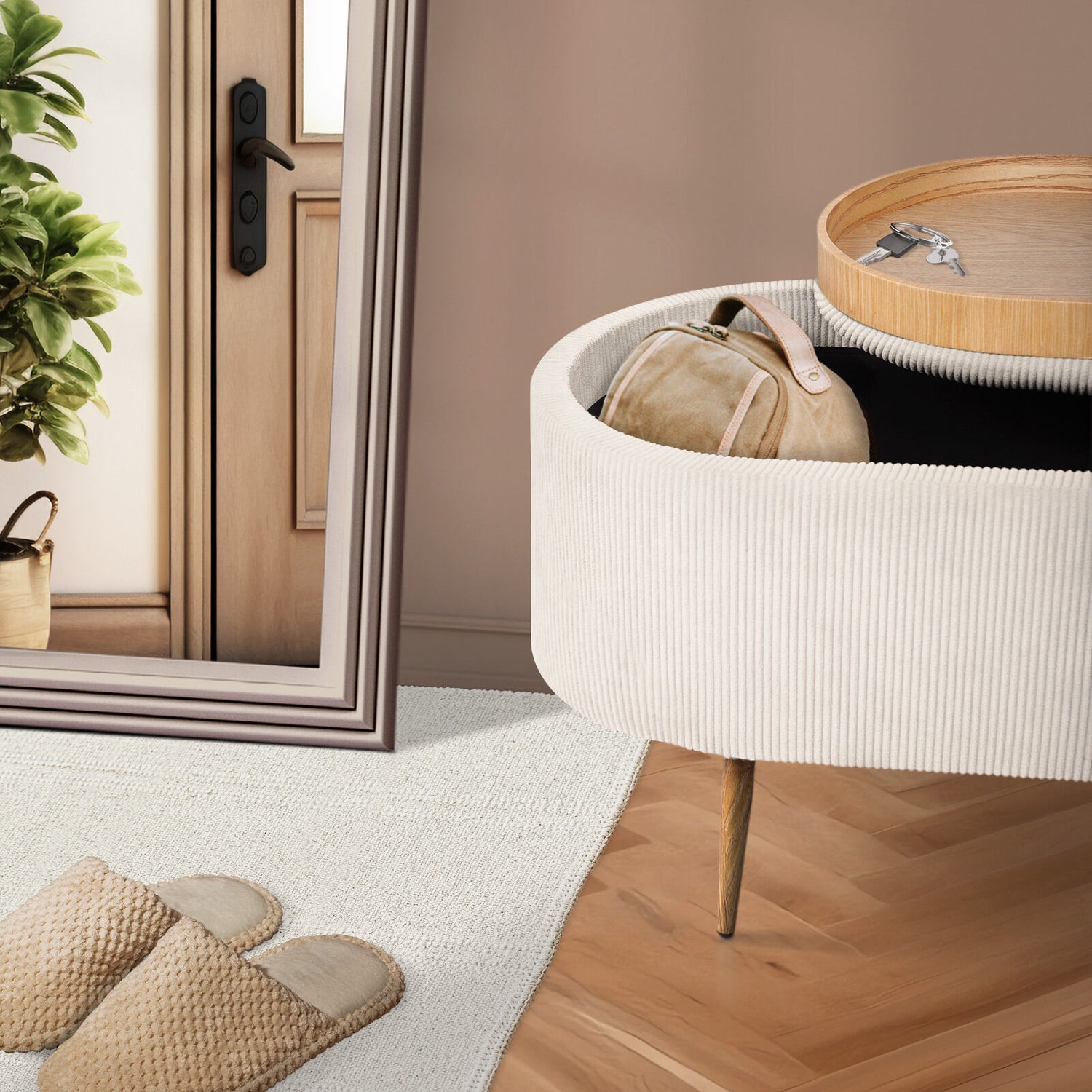 Coffee Table Storage Ottoman - Corduroy Padded Blanket Box Bench ESME CREAM-Furniture > Living Room > Ottomans &amp; Footstools-PEROZ Accessories