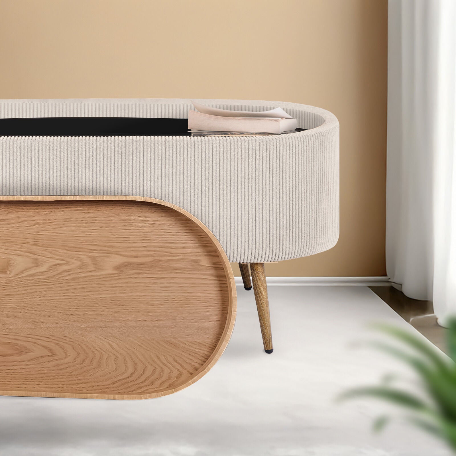 Coffee Table Storage Ottoman - Corduroy Padded Blanket Box Bench ESME CREAM-Furniture > Living Room > Ottomans &amp; Footstools-PEROZ Accessories
