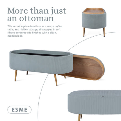 Coffee Table Storage Ottoman - Corduroy Padded Blanket Box Bench ESME - DUSTY BLUE-Furniture > Living Room > Ottomans &amp; Footstools-PEROZ Accessories