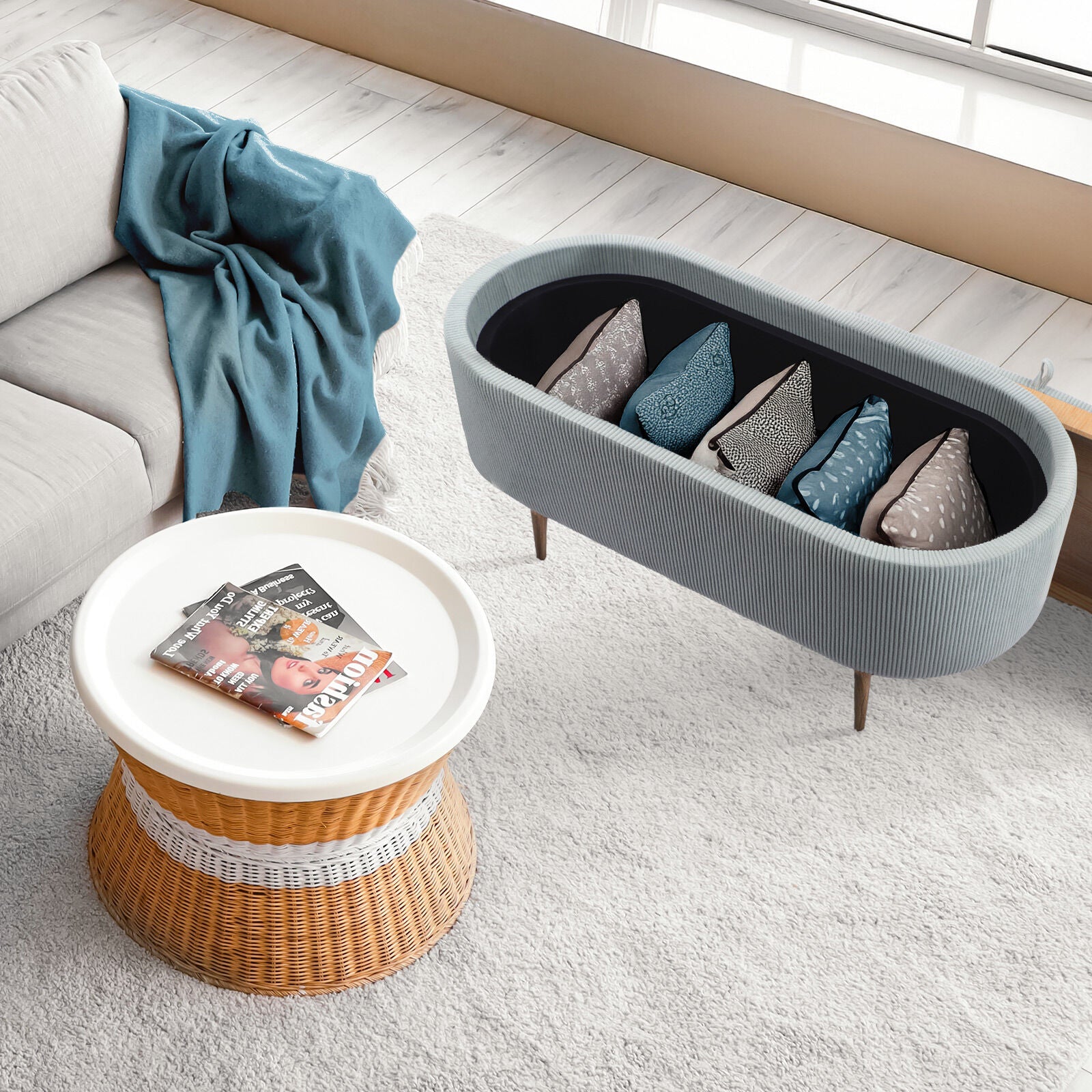 Coffee Table Storage Ottoman - Corduroy Padded Blanket Box Bench ESME - DUSTY BLUE-Furniture > Living Room > Ottomans &amp; Footstools-PEROZ Accessories