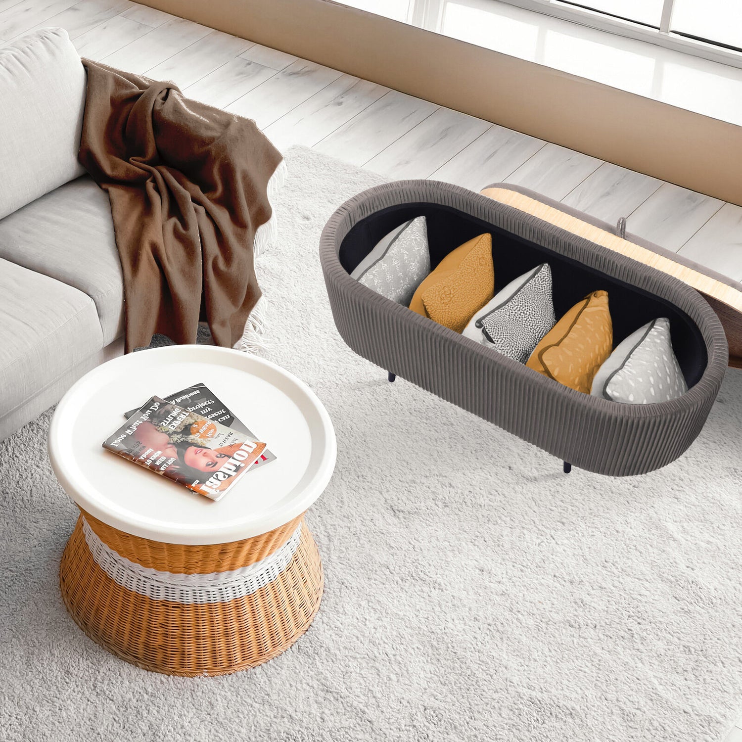 Coffee Table Storage Ottoman - Velvet Padded Blanket Box Bench IRENE GREY-Furniture > Living Room > Ottomans &amp; Footstools-PEROZ Accessories