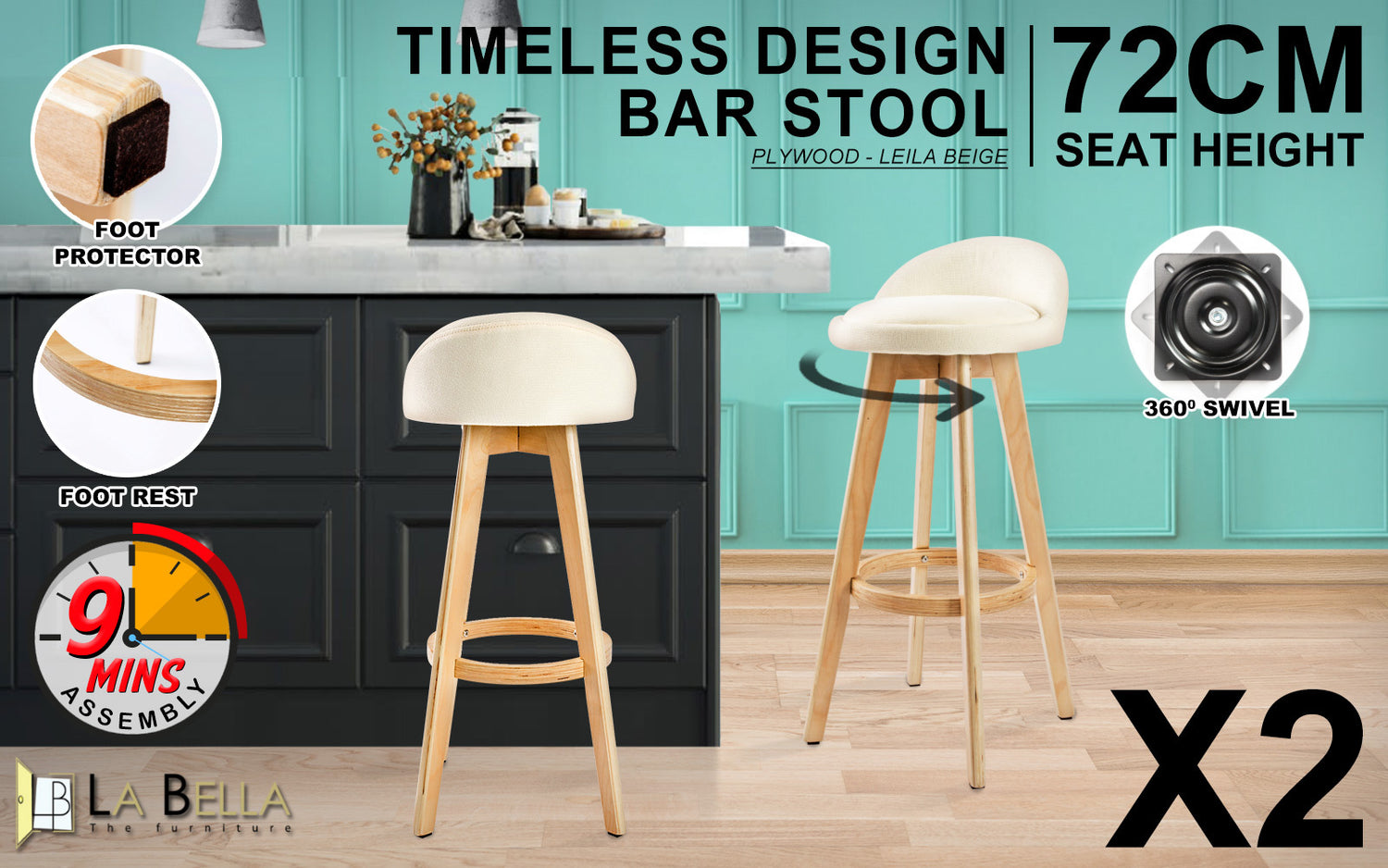 2X Wood Bar Stool Dining Chair Fabric LEILA 72cm BEIGE-Furniture &gt; Bar Stools &amp; Chairs &gt; Table &amp; Bar Stools-PEROZ Accessories