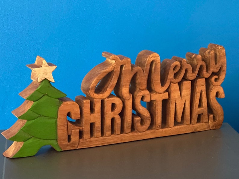 Wooden carved Merry Christmas decoration 38 cm long with Tree and Star-Occasions &gt; Christmas &gt; Christmas Decorations-PEROZ Accessories