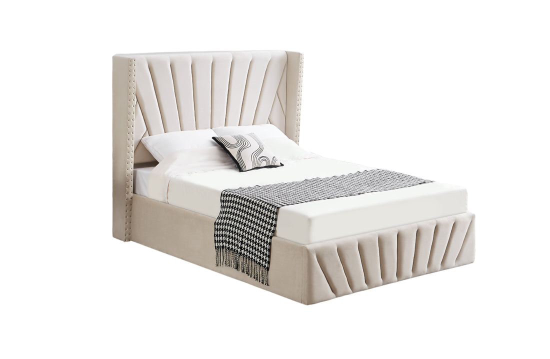 Allure Beige Velvet Gas Lift Bed - King-Furniture &gt; Bedroom &gt; Beds &amp; Bed Frames-PEROZ Accessories