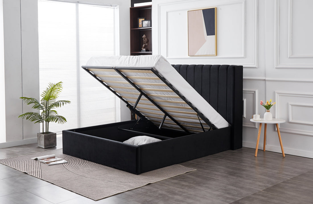 Hilton Black Velvet Gas Lift Bed - King-Furniture &gt; Bedroom &gt; Beds &amp; Bed Frames-PEROZ Accessories