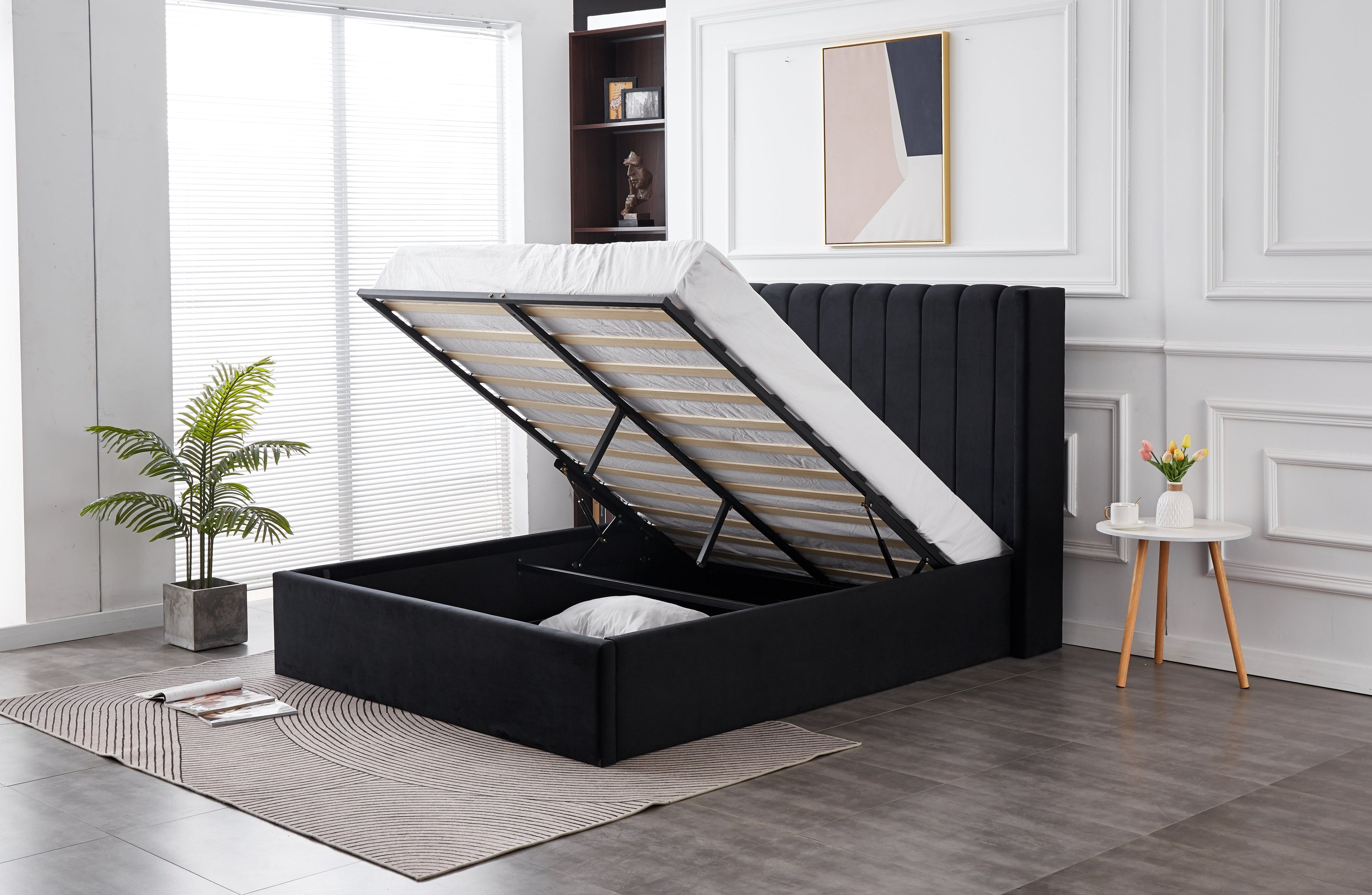 Hilton Black Velvet Gas Lift Bed - King-Furniture &gt; Bedroom &gt; Beds &amp; Bed Frames-PEROZ Accessories