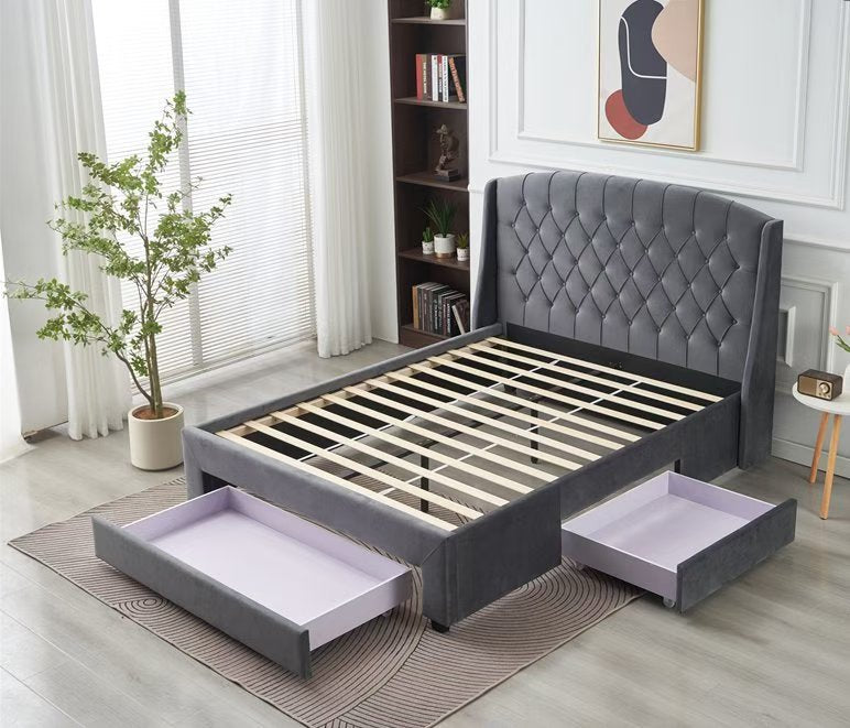 Paris Tall Tufted Velvet Dark Grey Bed with Storage Drawer - King-Furniture &gt; Bedroom &gt; Beds &amp; Bed Frames-PEROZ Accessories