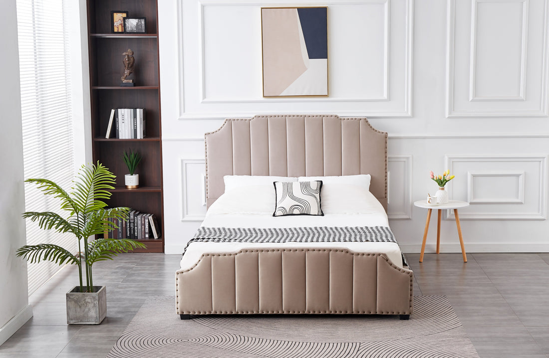 Santosa Champagne Velvet Bed - King-Furniture &gt; Bedroom &gt; Beds &amp; Bed Frames-PEROZ Accessories