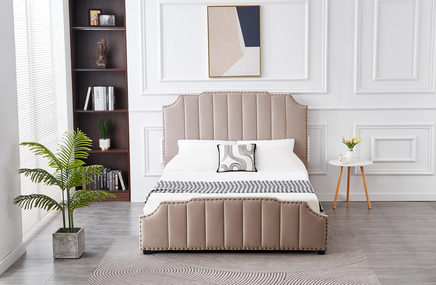 Santosa Champagne Velvet Bed - King-Furniture &gt; Bedroom &gt; Beds &amp; Bed Frames-PEROZ Accessories