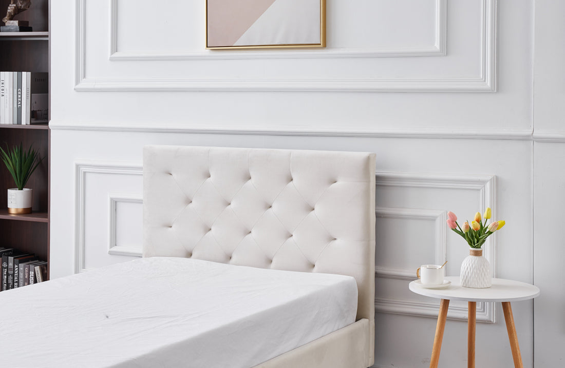 Winston Beige Velvet Tufted Bed - King Single-Furniture &gt; Bedroom &gt; Beds &amp; Bed Frames-PEROZ Accessories