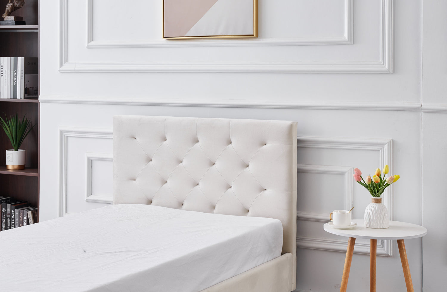 Winston Beige Velvet Tufted Bed - King Single-Furniture &gt; Bedroom &gt; Beds &amp; Bed Frames-PEROZ Accessories