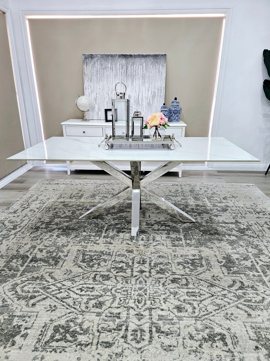 Miles Silver With White Marble Dining Table - 90cm x 180cm-Furniture > Dining > Dining Tables-PEROZ Accessories