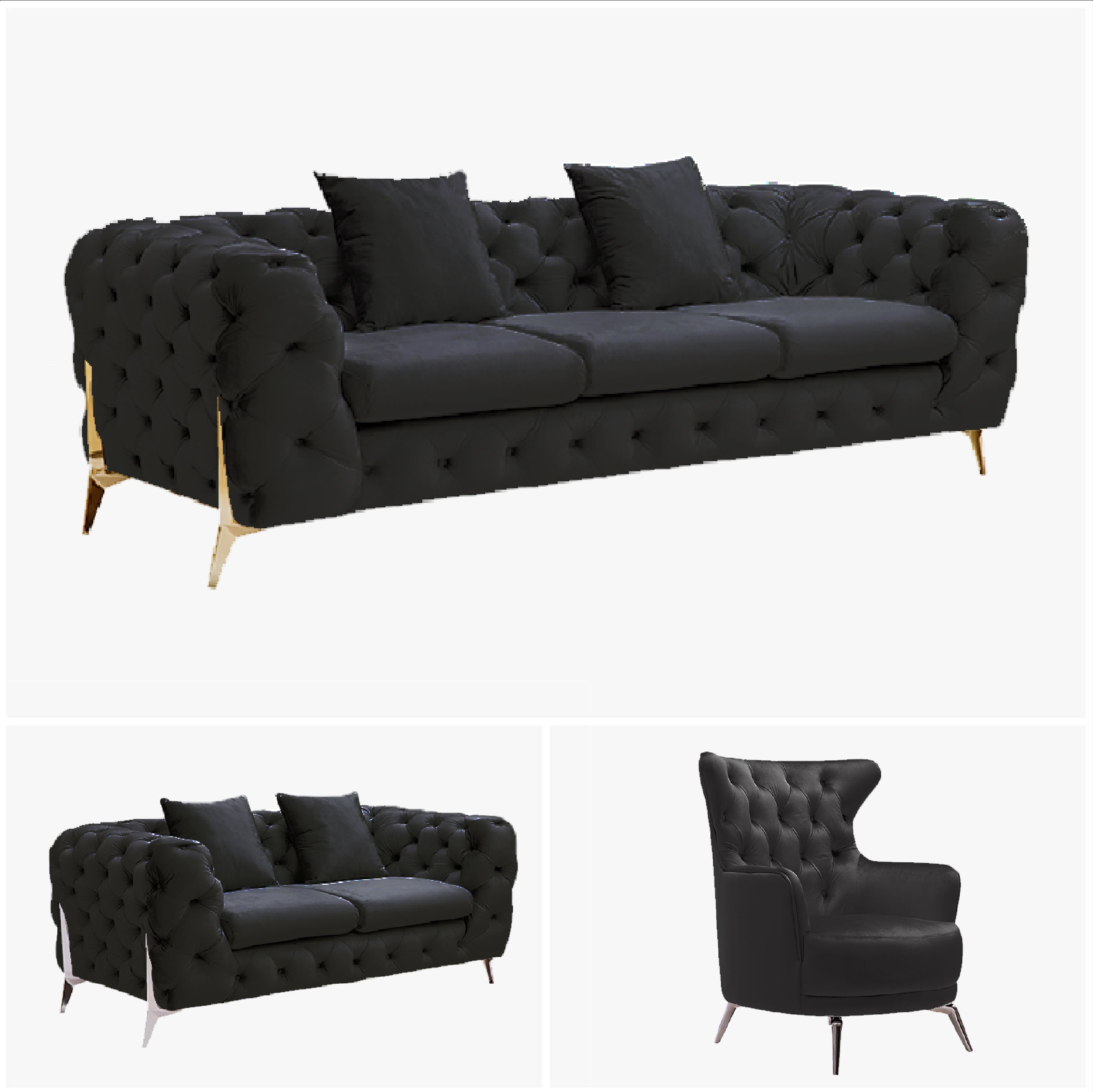Grand Tufted Lounge - Black Velvet - Silver Legs-Furniture &gt; Sofas-PEROZ Accessories