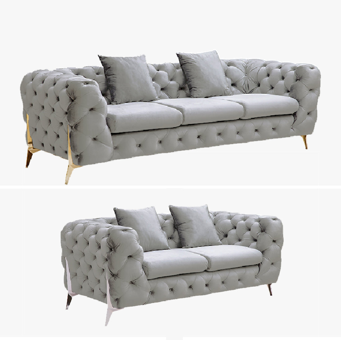 Grand Tufted Lounge - Light Grey Velvet - Silver Legs-Furniture &gt; Sofas-PEROZ Accessories