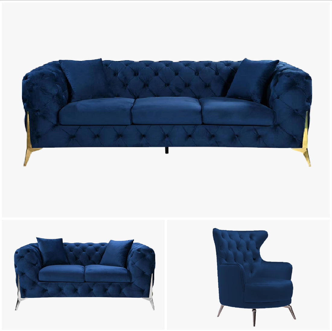 Grand Tufted Lounge - Blue Velvet - Silver Legs-Furniture &gt; Sofas-PEROZ Accessories