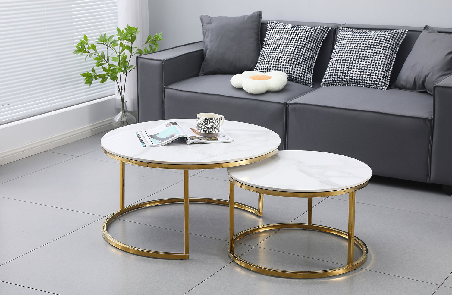 Nesting Style Coffee Table - White on Gold Stainless Steel - 80cm/60cm-Furniture &gt; Living Room-PEROZ Accessories