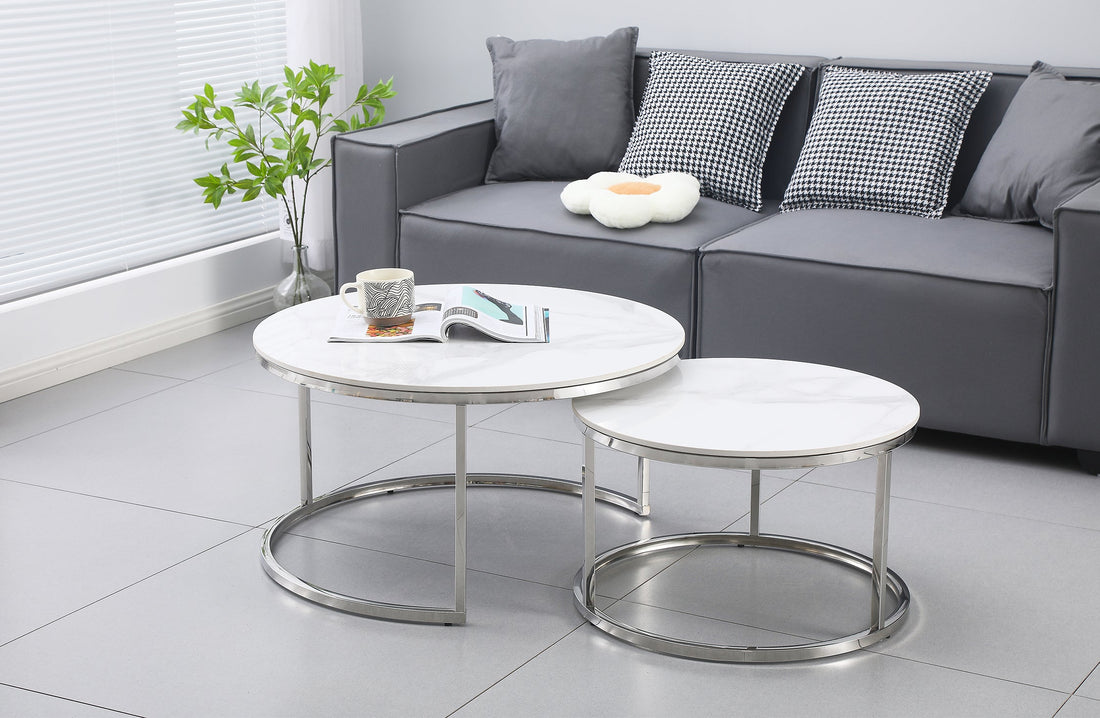 Nesting Style Coffee Table - White on Silver Stainless Steel - 80cm/60cm-Furniture &gt; Living Room-PEROZ Accessories