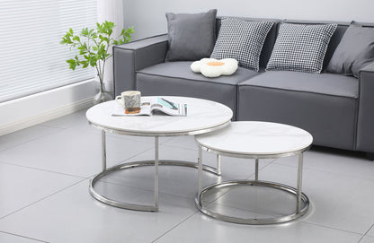 Nesting Style Coffee Table - White on Silver Stainless Steel - 80cm/60cm-Furniture &gt; Living Room-PEROZ Accessories