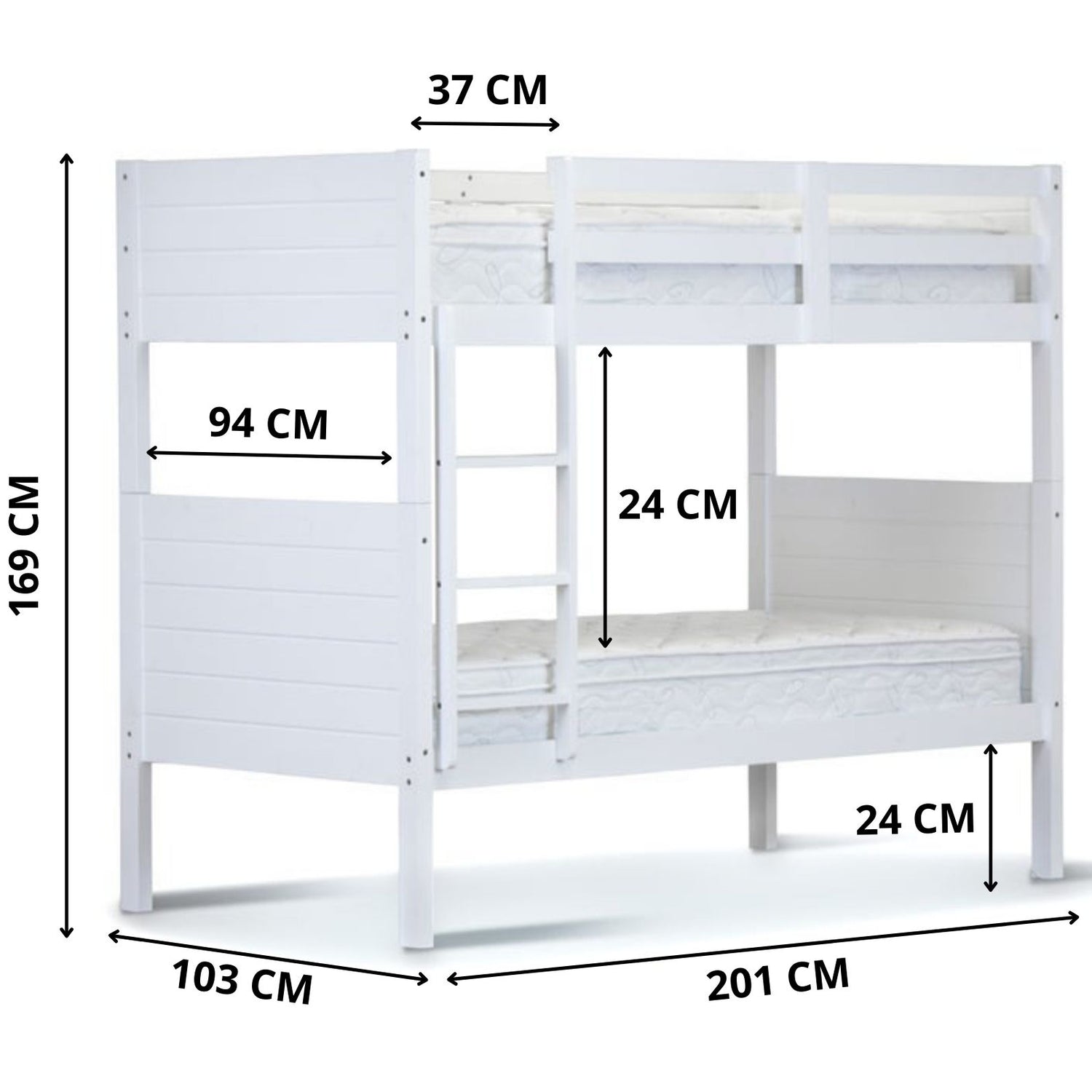 Zinnia Single Bunk Bed Frame Solid Rubber Timber Wood Loft Furniture - White-Furniture &gt; Bedroom &gt; Beds &amp; Bed Frames-PEROZ Accessories