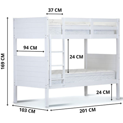 Zinnia Single Bunk Bed Frame Solid Rubber Timber Wood Loft Furniture - White-Furniture &gt; Bedroom &gt; Beds &amp; Bed Frames-PEROZ Accessories