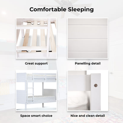 Zinnia Single Bunk Bed Frame Solid Rubber Timber Wood Loft Furniture - White-Furniture &gt; Bedroom &gt; Beds &amp; Bed Frames-PEROZ Accessories