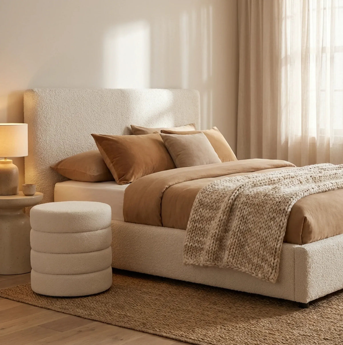 Interior Ave - Cleo White Boucle Ottoman-Furniture > Living Room > Ottomans &amp; Footstools-PEROZ Accessories