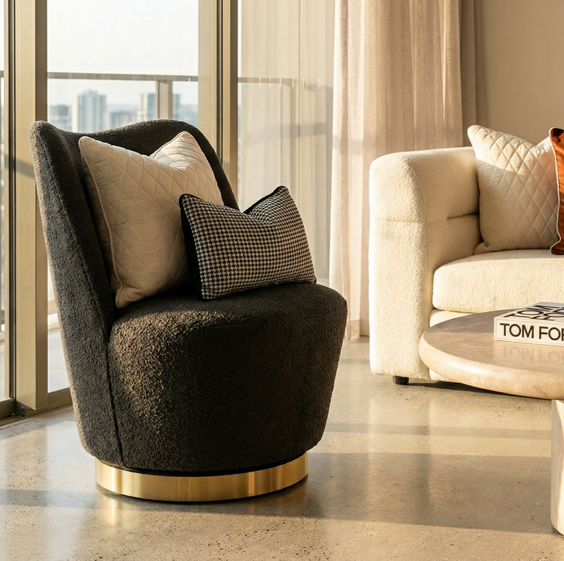 Interior Ave - Chateau Swivel Accent Chair - Charcoal Boucle-Furniture > Bar Stools &amp; Chairs > Arm Chairs &amp; Recliners-PEROZ Accessories