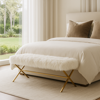 Interior Ave - Oxley Fur Bench - White &amp; Gold