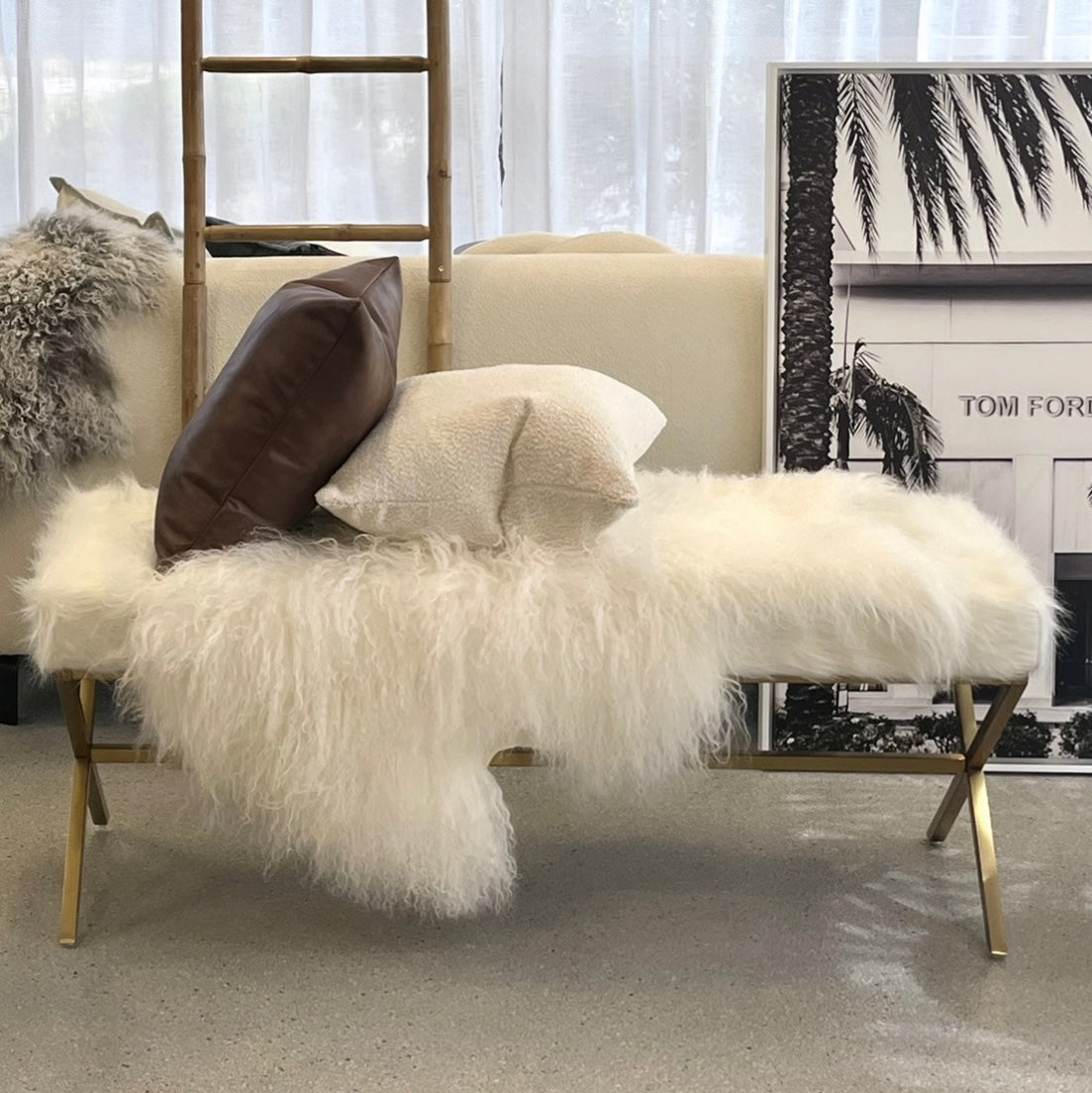 Interior Ave - Oxley Fur Bench - White &amp; Gold