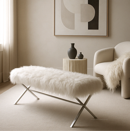Interior Ave - Oxley Fur Bench - White &amp; Silver