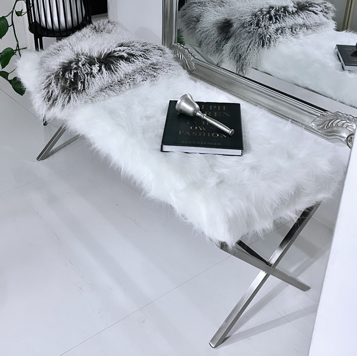 Interior Ave - Oxley Fur Bench - White &amp; Silver