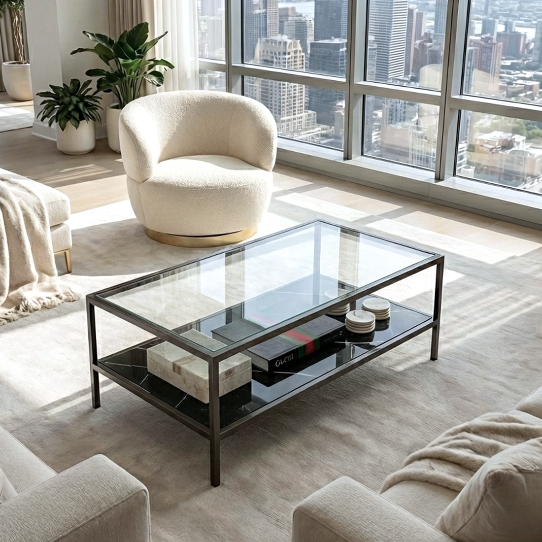 Interior Ave - Vogue Coffee Table - Black Marble Stone &amp; Glass-Furniture > Living Room > Coffee Tables-PEROZ Accessories