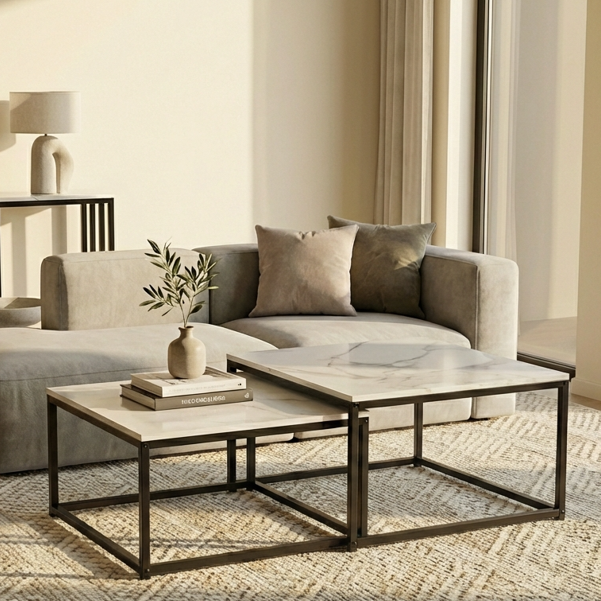 Interior Ave - Ciest Square Nested Coffee Table Set - White Marble Stone-Furniture > Living Room > Coffee Tables-PEROZ Accessories