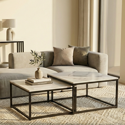 Interior Ave - Ciest Square Nested Coffee Table Set - White Marble Stone-Furniture > Living Room > Coffee Tables-PEROZ Accessories
