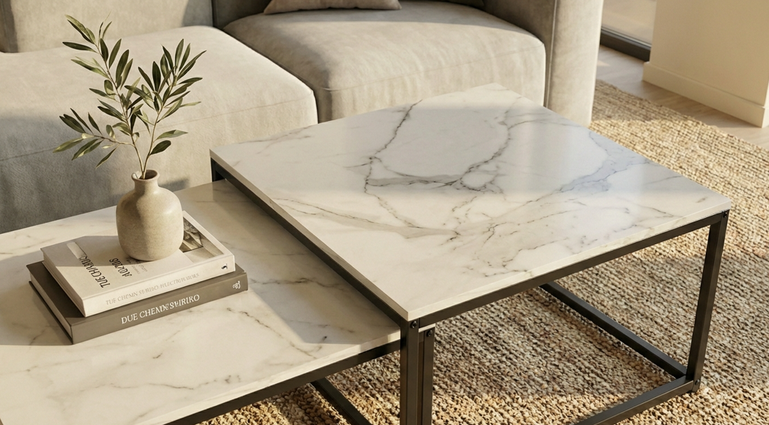 Interior Ave - Ciest Square Nested Coffee Table Set - White Marble Stone-Furniture > Living Room > Coffee Tables-PEROZ Accessories