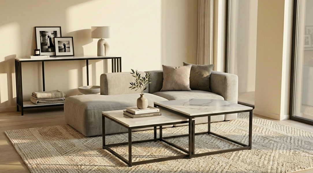 Interior Ave - Ciest Square Nested Coffee Table Set - White Marble Stone-Furniture > Living Room > Coffee Tables-PEROZ Accessories