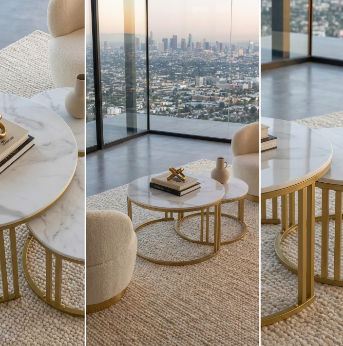 Interior Ave - Premier Nested Coffee Table Set - White Marble Stone-Furniture > Living Room > Coffee Tables-PEROZ Accessories