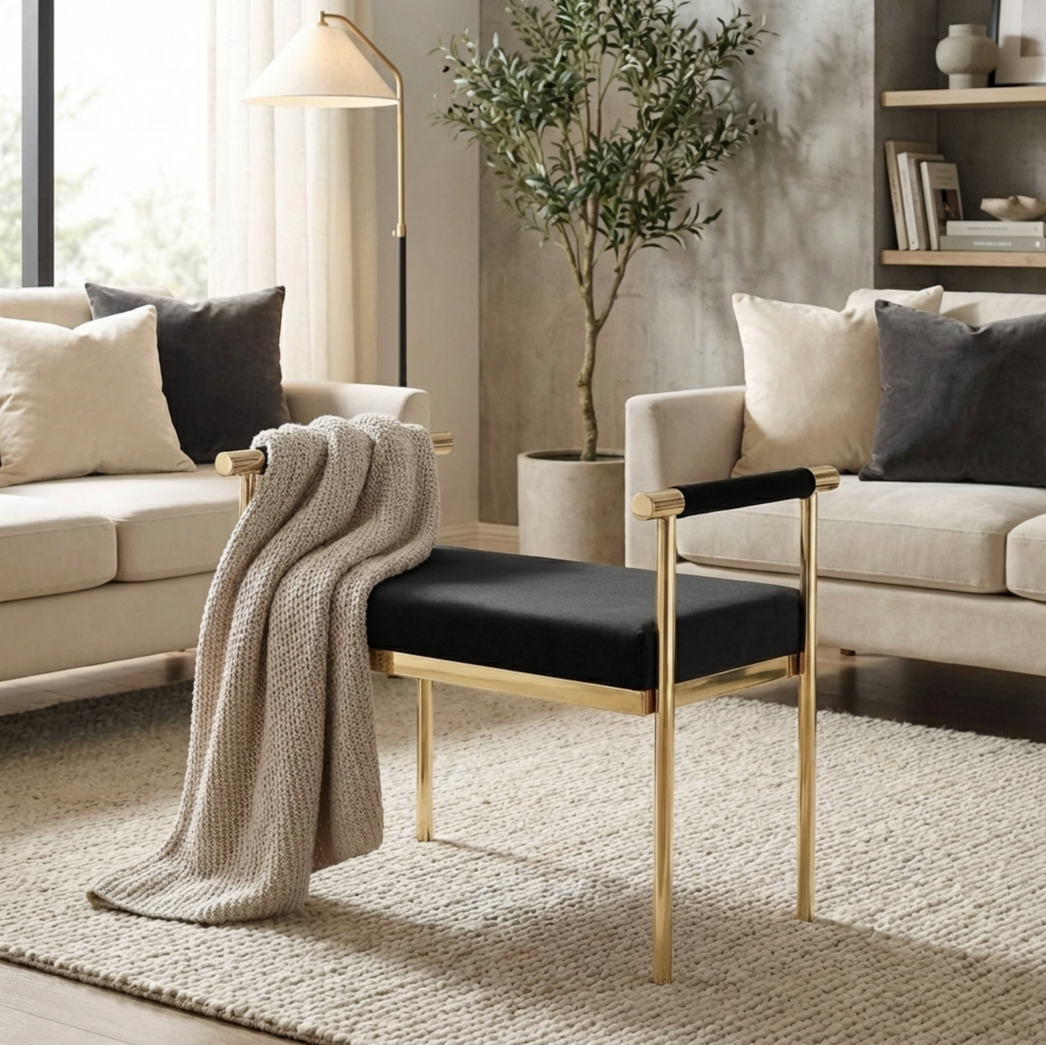 Interior Ave - Cuba Velvet Vanity Stool - Black-Furniture > Bedroom-PEROZ Accessories