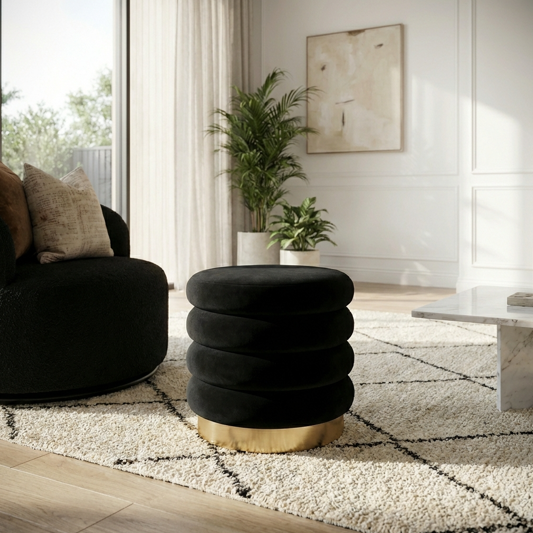 Interior Ave - Roma Round Velvet Ottoman / Footstool – Black-Furniture > Living Room > Ottomans &amp; Footstools-PEROZ Accessories