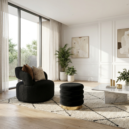 Interior Ave - Roma Round Velvet Ottoman / Footstool – Black-Furniture > Living Room > Ottomans &amp; Footstools-PEROZ Accessories