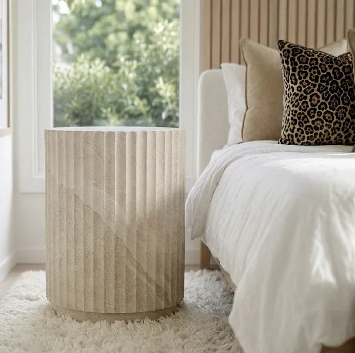 Interior Ave - Vera Fluted Stone Side Table - Matte Natural Stone-Furniture > Living Room > Side Tables-PEROZ Accessories