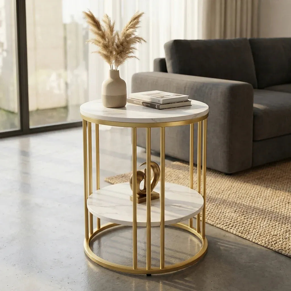 Interior Ave Cleo Gold Two Shelf Stone Side Table-Furniture > Dining > Buffets &amp; Sideboards-PEROZ Accessories