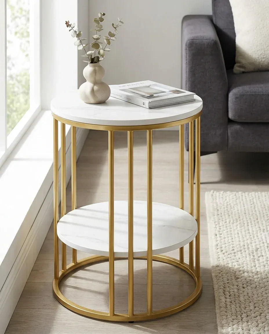 Interior Ave Cleo Gold Two Shelf Stone Side Table-Furniture > Dining > Buffets &amp; Sideboards-PEROZ Accessories