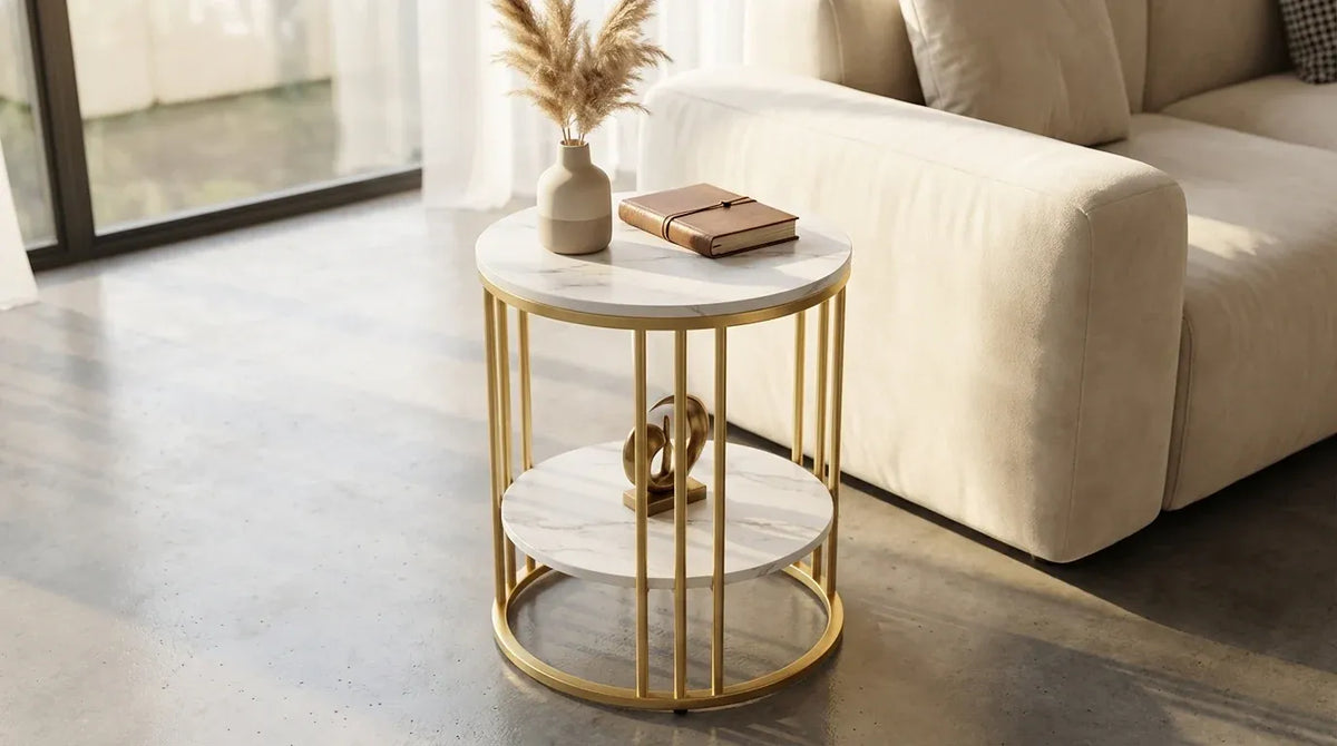 Interior Ave Cleo Gold Two Shelf Stone Side Table-Furniture > Dining > Buffets &amp; Sideboards-PEROZ Accessories